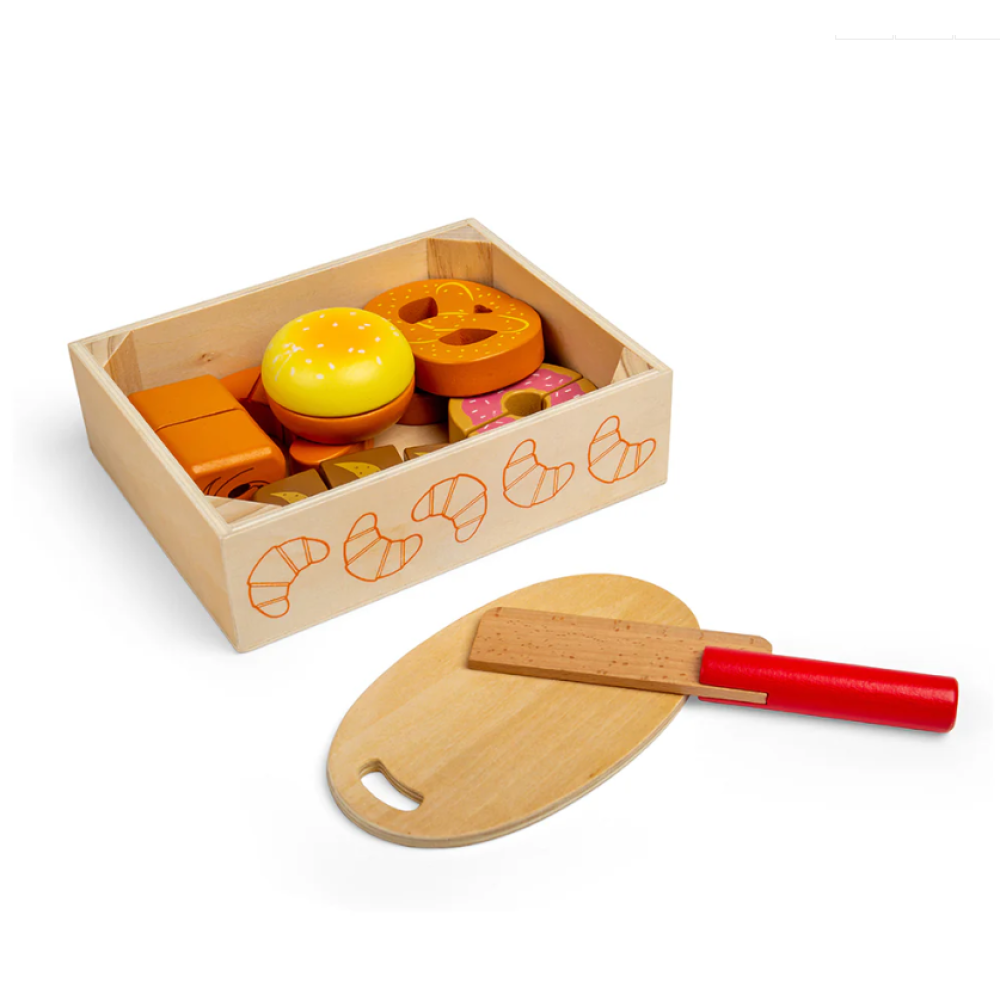 Bigjigs Toys Cutting Bread & Pastries Crate – Wooden Play Food Set