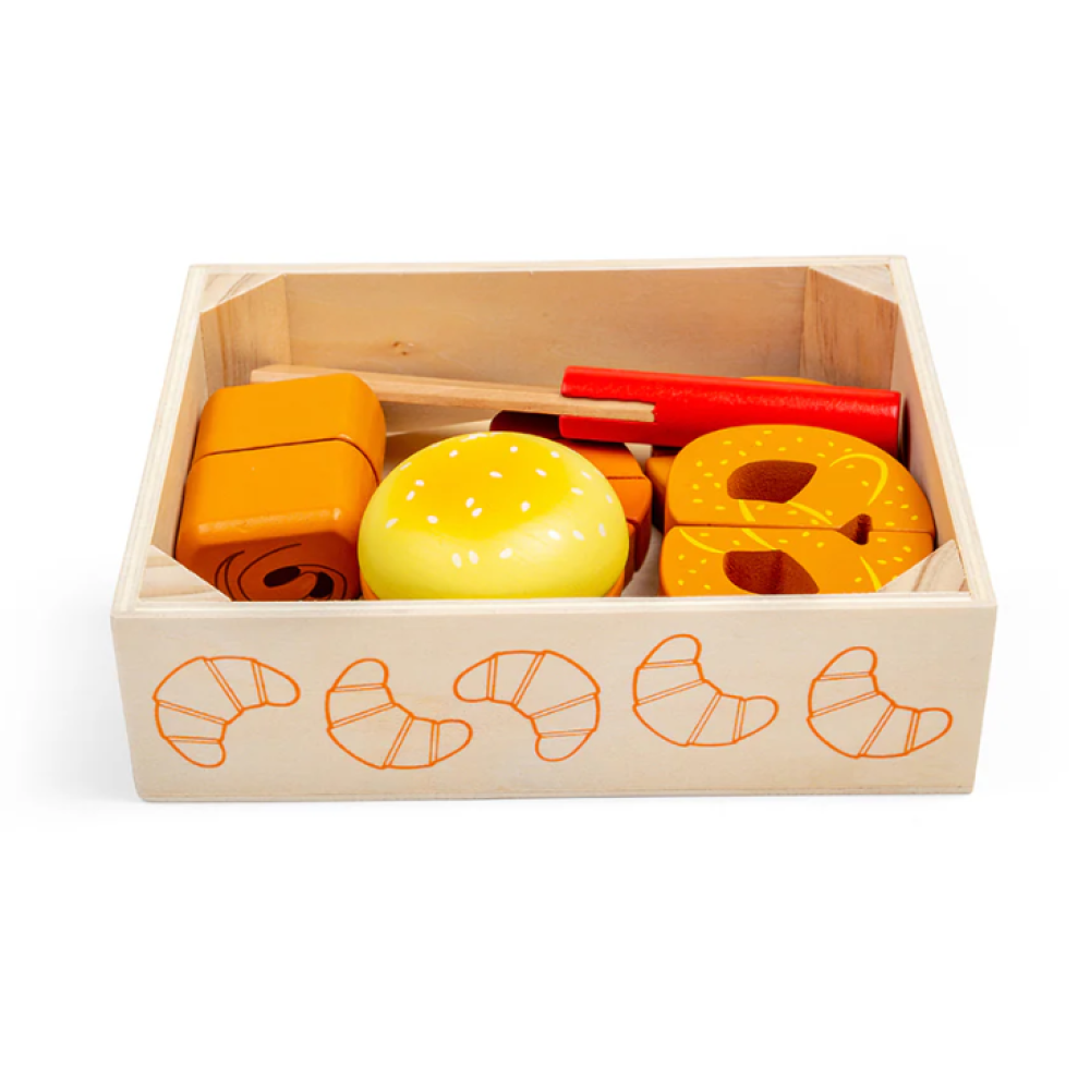 Bigjigs Toys Cutting Bread & Pastries Crate – Wooden Play Food Set