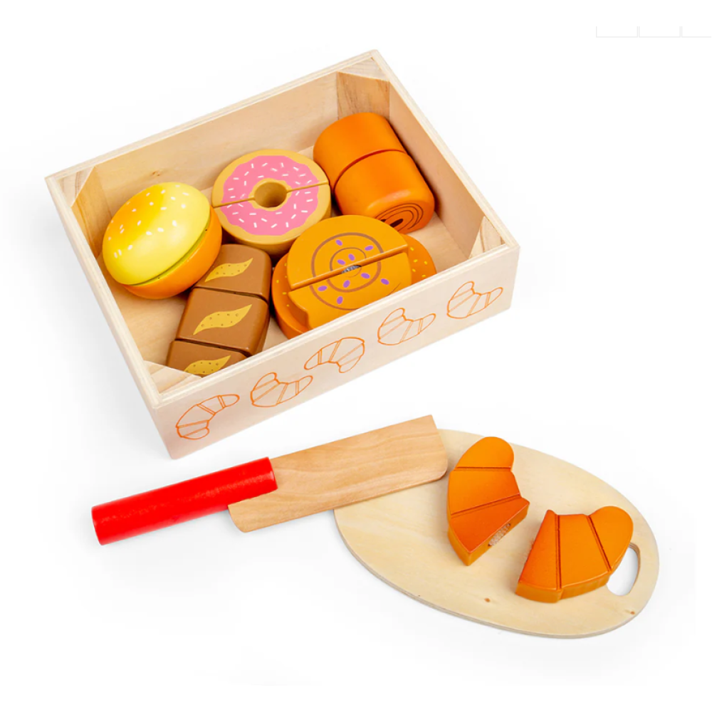 Bigjigs Toys Cutting Bread & Pastries Crate – Wooden Play Food Set