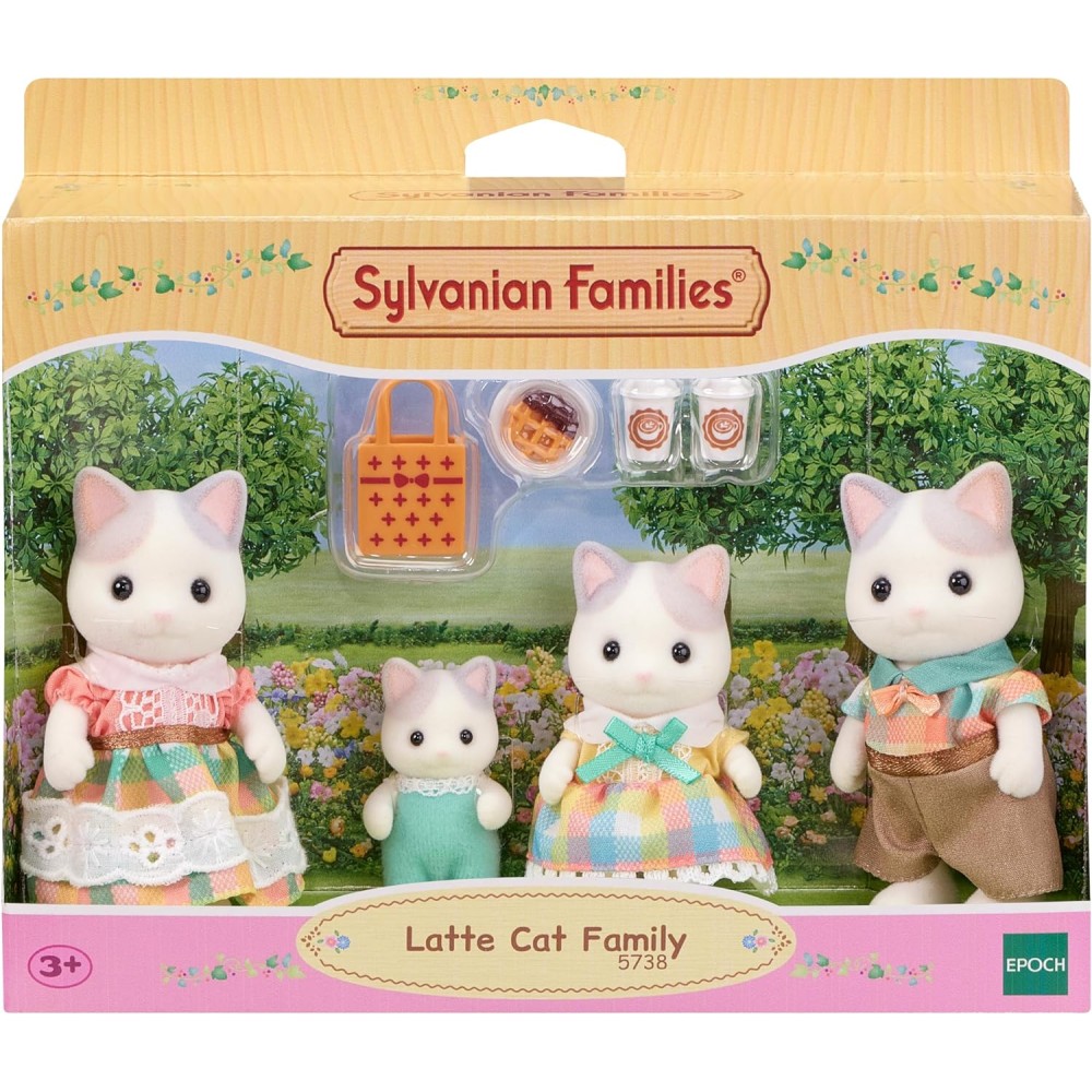 Sylvanian Families Latte Cat Family | 4-Piece Figurine Set with Accessories