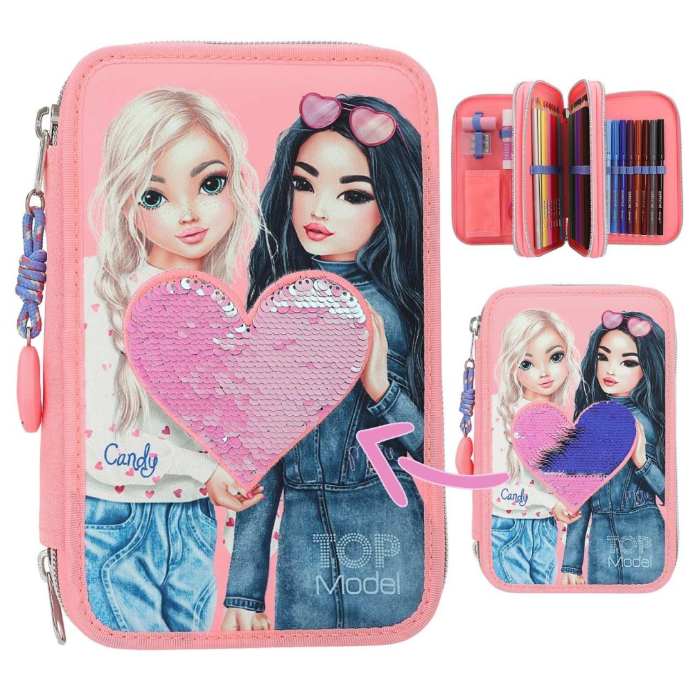 TOPModel Triple Pencil Case With Reversible Sequins – Filled 3 Compartment Pink Heart Set 0012950
