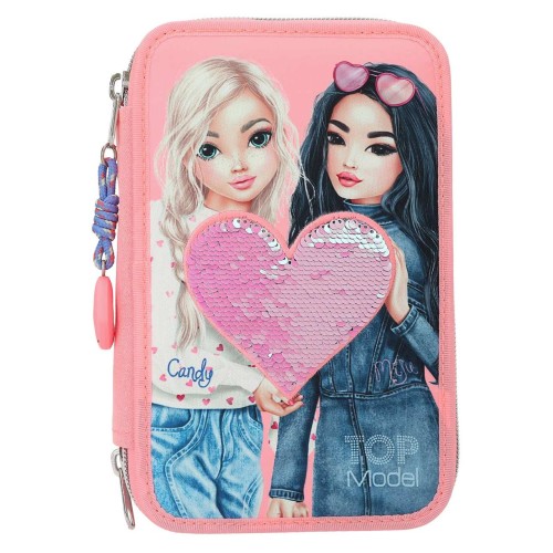 TOPModel Triple Pencil Case With Reversible Sequins – Filled 3 Compartment Pink Heart Set 0012950