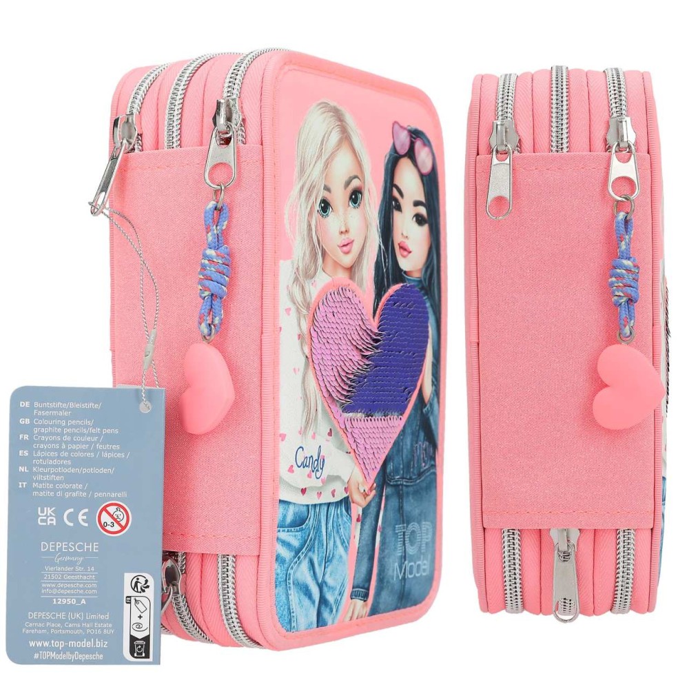 TOPModel Triple Pencil Case With Reversible Sequins – Filled 3 Compartment Pink Heart Set 0012950
