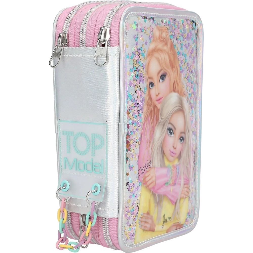 TOPModel 3-Compartment Pencil Case ELECTRIC – Fully Filled Silver Glitter Design