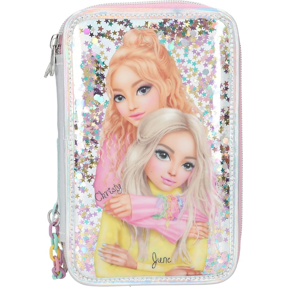 TOPModel 3-Compartment Pencil Case ELECTRIC – Fully Filled Silver Glitter Design
