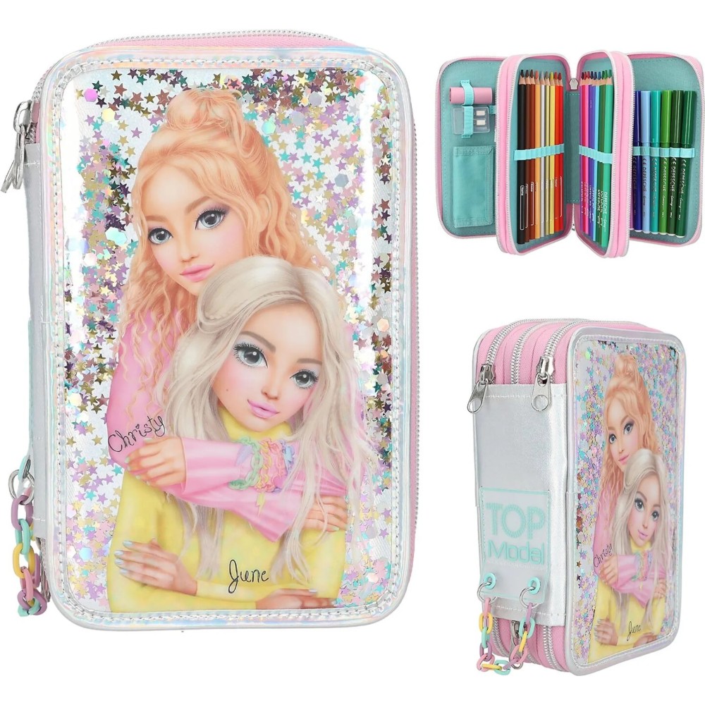 TOPModel 3-Compartment Pencil Case ELECTRIC – Fully Filled Silver Glitter Design