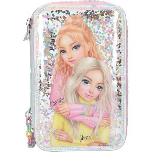 TOPModel 3-Compartment Pencil Case ELECTRIC – Fully Filled Silver Glitter Design