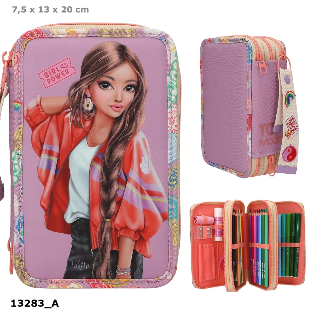 TOPModel Triple Pencil Case With Pendant – GIRL POWER – Fully Filled 3 Compartment Pencil Case