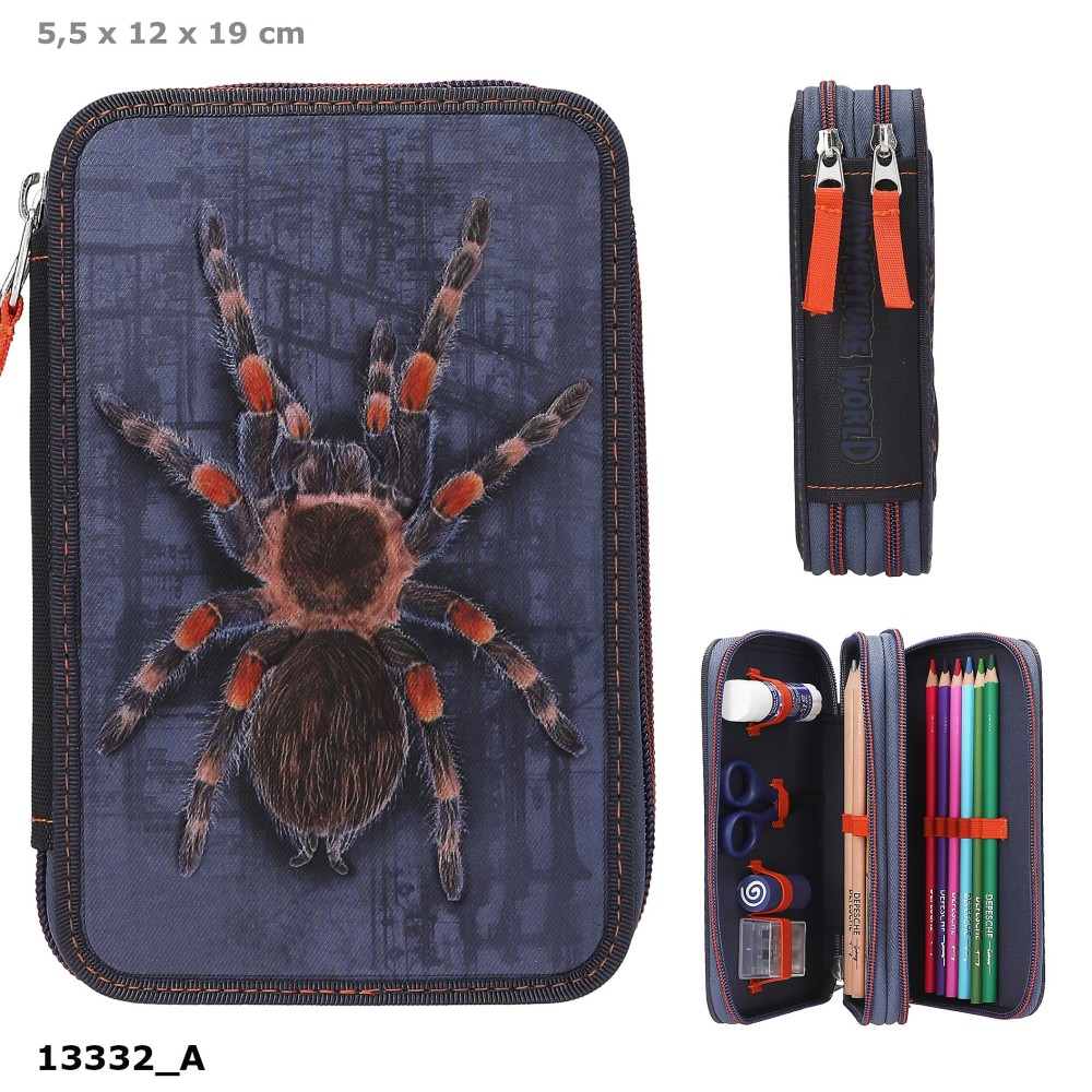Adventure World Double Pencil Case With Spider – Filled 2 Compartment School Set