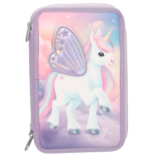 Ylvi Triple Pencil Case With Appliquéd Wing – Filled Unicorn 3 Compartment Set