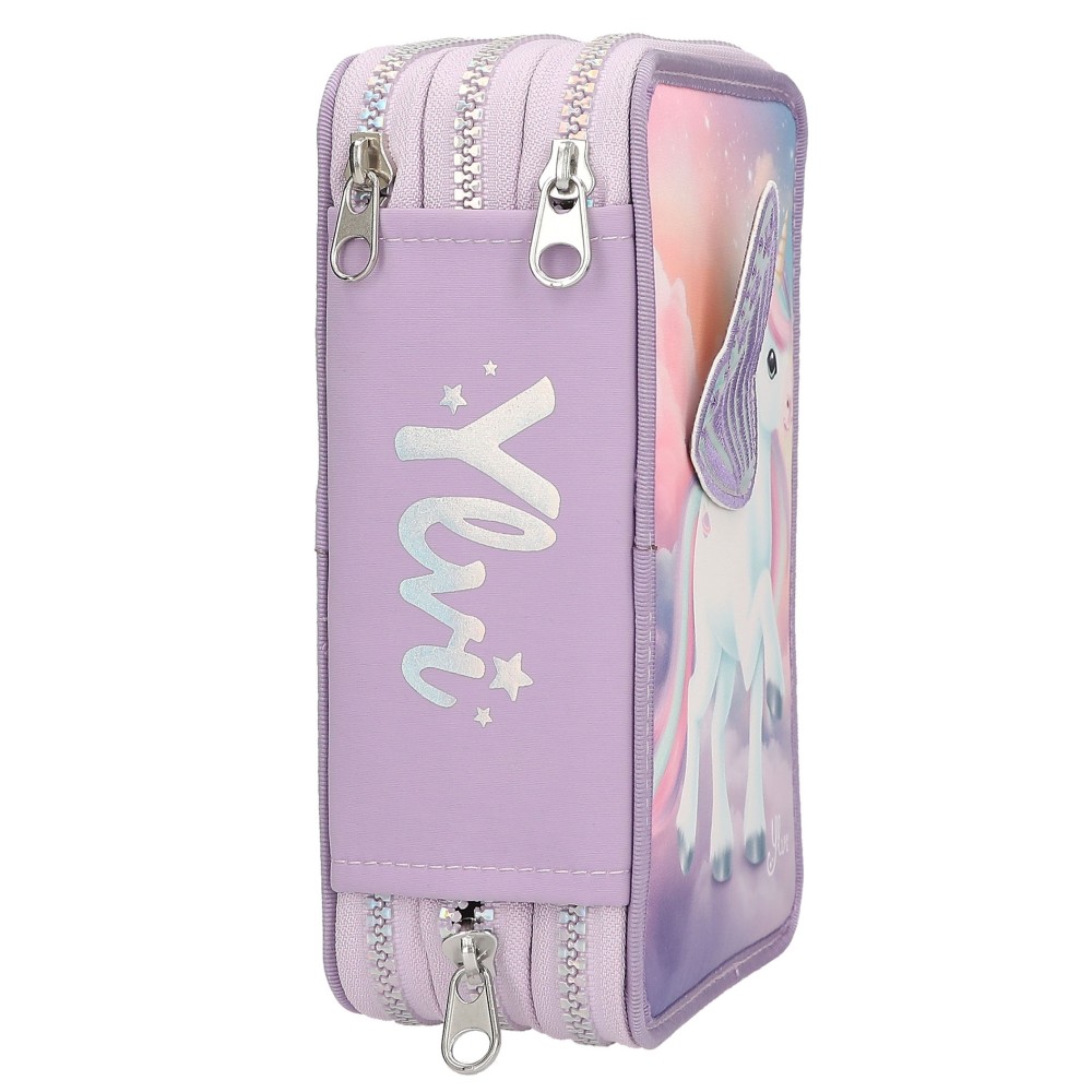 Ylvi Triple Pencil Case With Appliquéd Wing – Filled Unicorn 3 Compartment Set