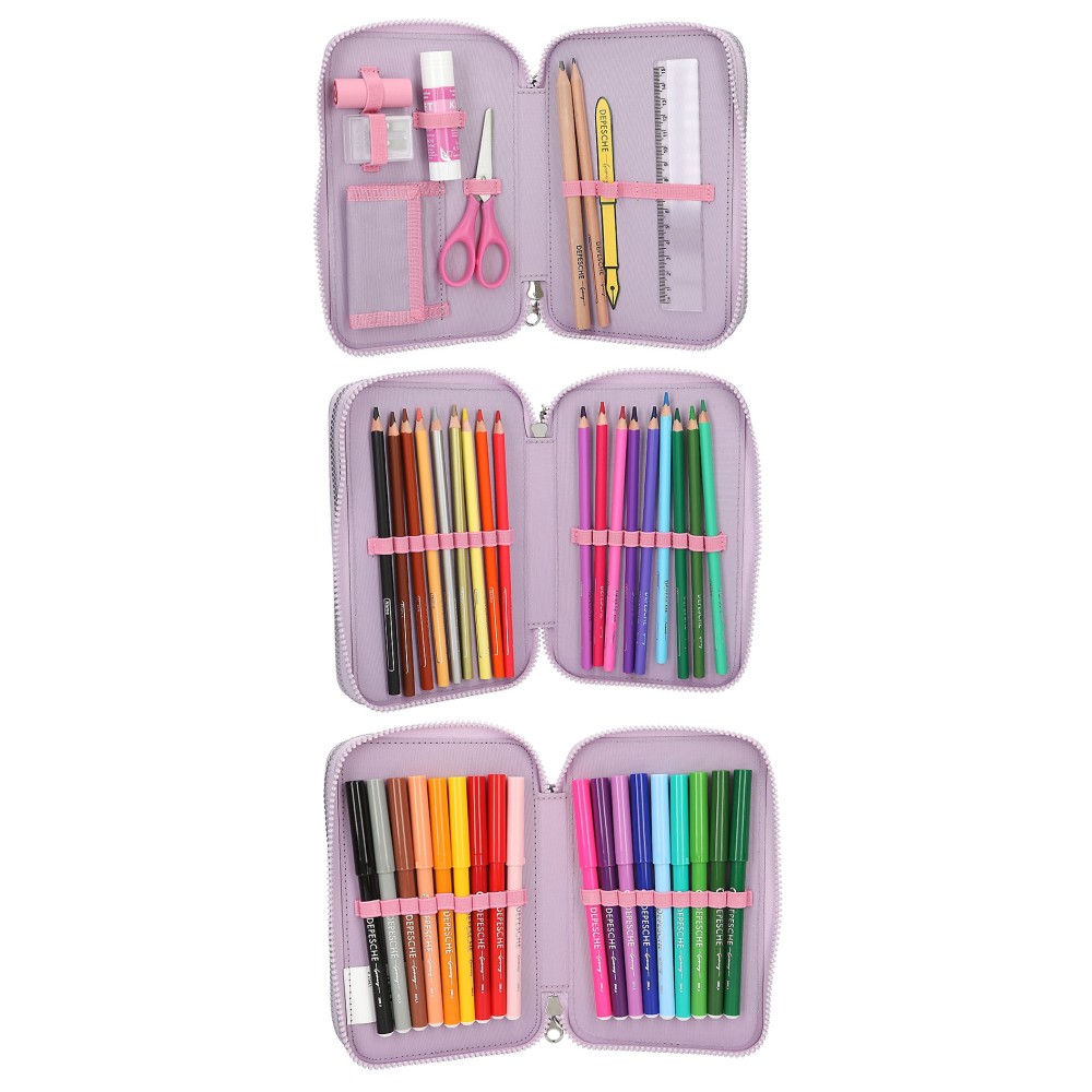 Ylvi Triple Pencil Case With Appliquéd Wing – Filled Unicorn 3 Compartment Set