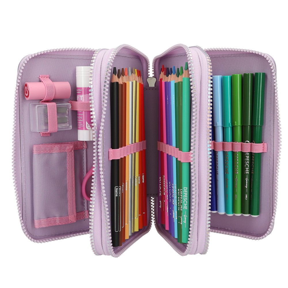 Ylvi Triple Pencil Case With Appliquéd Wing – Filled Unicorn 3 Compartment Set