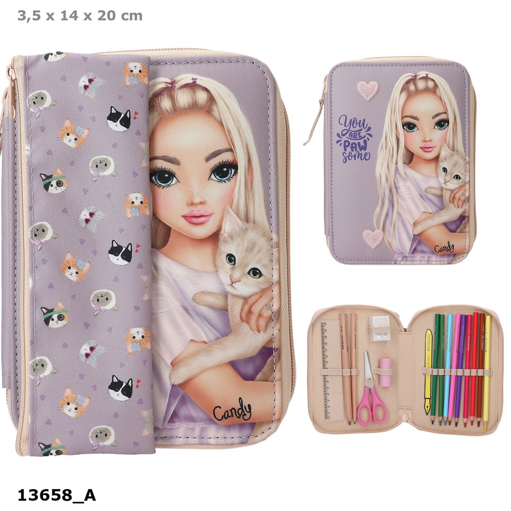 TOPModel Basic Duo Cat KITTY and DOGGY Pencil Case – Filled Lilac School Set with Removable Tube 0013658