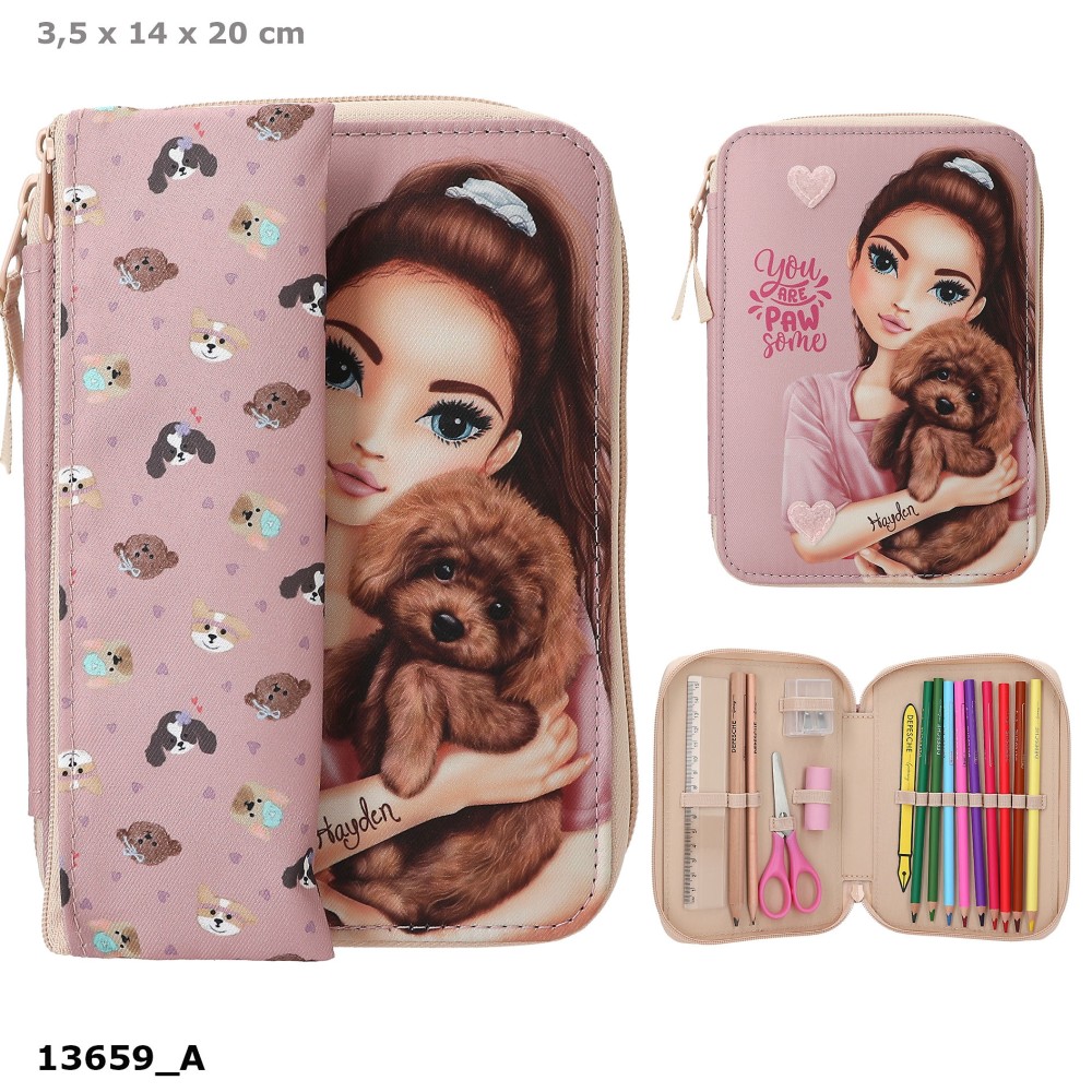 TOPModel Basic Duo Dog KITTY and DOGGY Pencil Case – Filled Lilac School Set with Removable Tube
