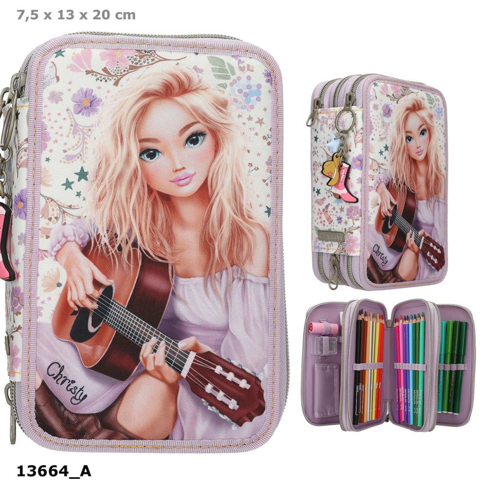 TOPModel Triple Pencil Case COWGIRL – Filled 3 Compartment Cream & Purple Set 0013664