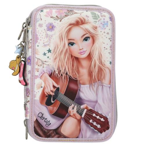 TOPModel Triple Pencil Case COWGIRL – Filled 3 Compartment Cream & Purple Set 0013664