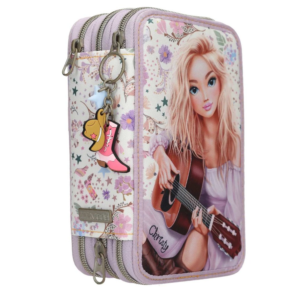 TOPModel Triple Pencil Case COWGIRL – Filled 3 Compartment Cream & Purple Set 0013664