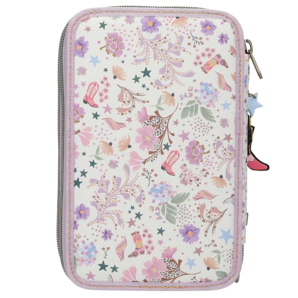 TOPModel Triple Pencil Case COWGIRL – Filled 3 Compartment Cream & Purple Set 0013664