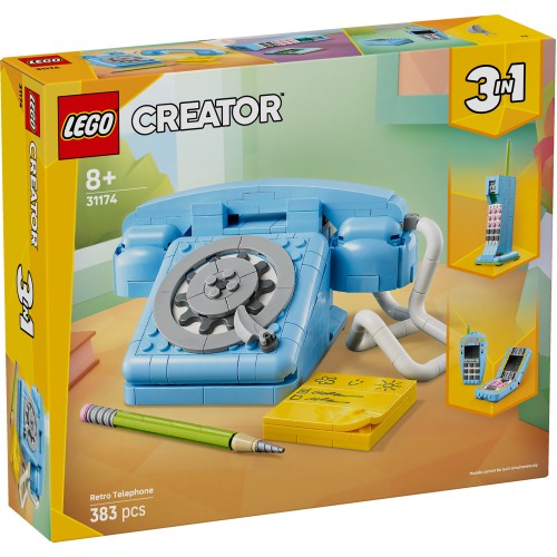 LEGO Creator 3in1 Retro Telephone – Rotary Phone with Notepad, Rebuilds into ’80s Desk Phone or 2 Mobiles (31174)