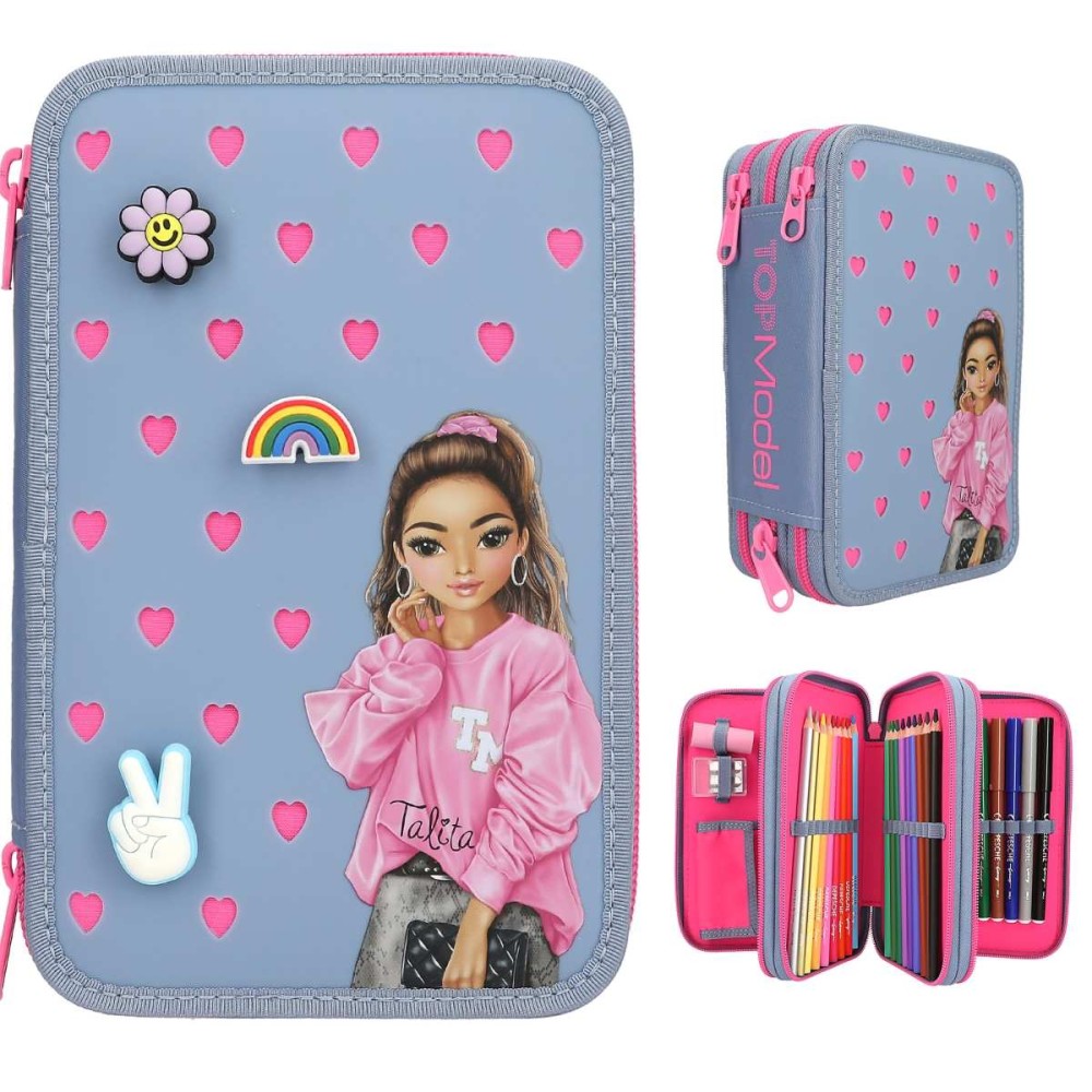 TOPModel Triple Pencil Case with Silicone Pins – Filled 3-Zip Pencil Case