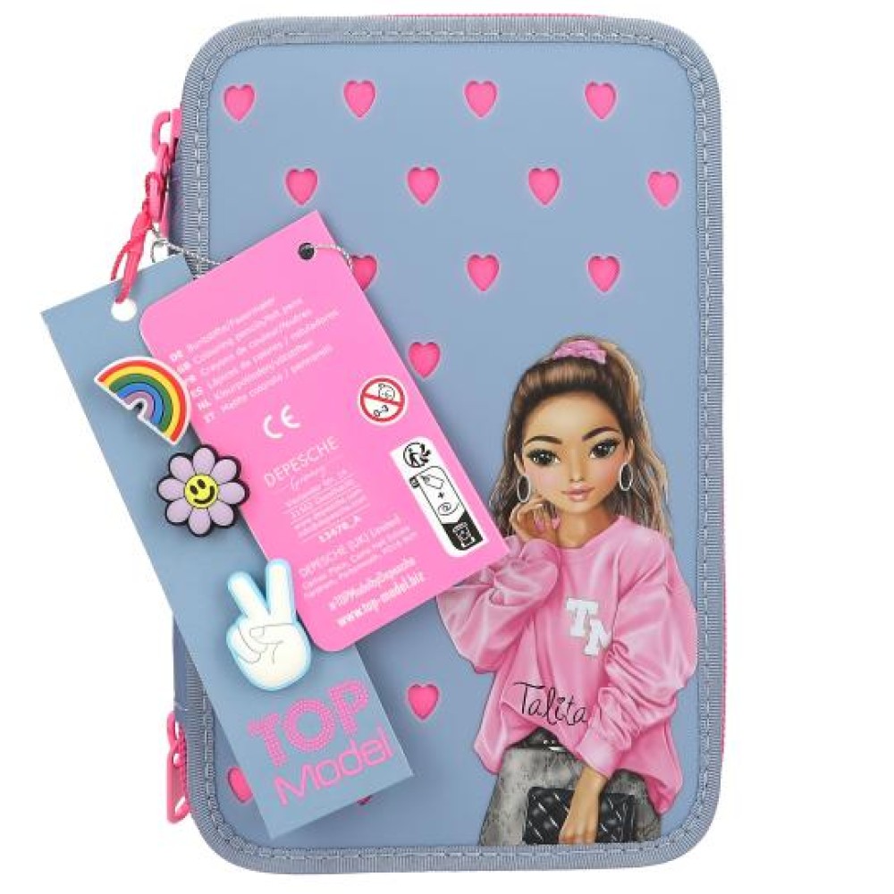 TOPModel Triple Pencil Case with Silicone Pins – Filled 3-Zip Pencil Case