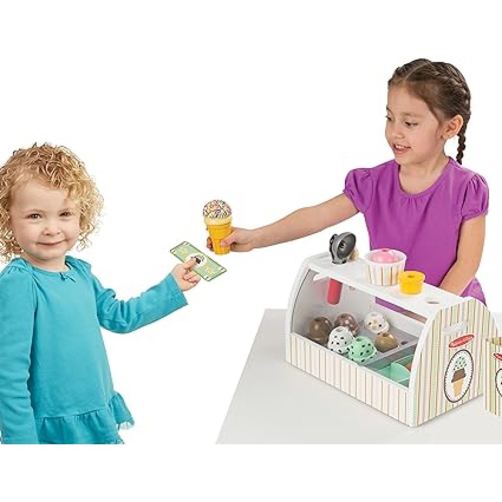 Melissa & Doug Wooden Scoop and Serve Ice Cream Counter (28 pcs) - Play Food and Accessories