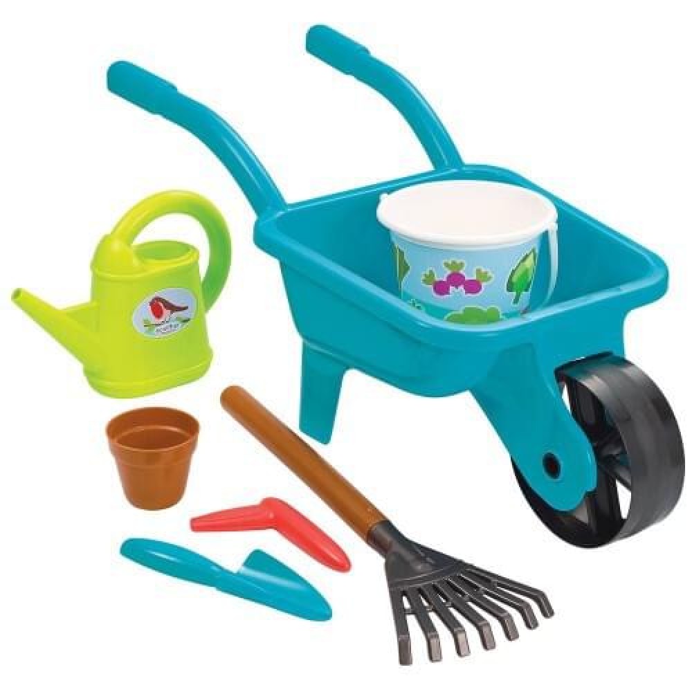 Wheelbarrow with rake, a garden bucket and a watering can.