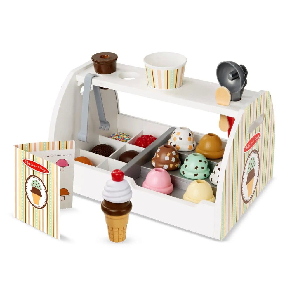 Melissa & Doug Wooden Scoop and Serve Ice Cream Counter (28 pcs) - Play Food and Accessories