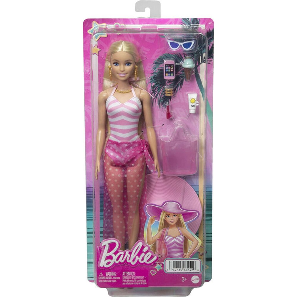 Blonde Barbie Doll with Swimsuit and Beach-Themed Accessories