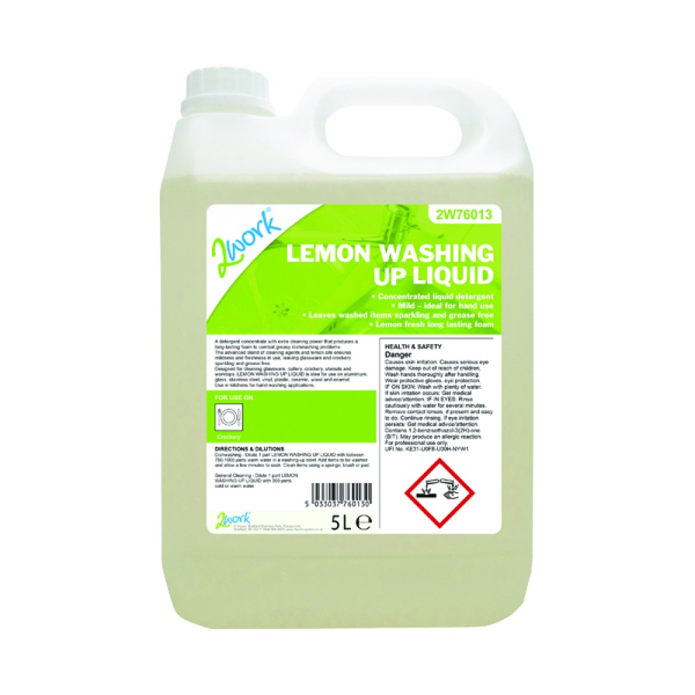2Work Washing Up Liquid Lemon 5 Litre 2W76013