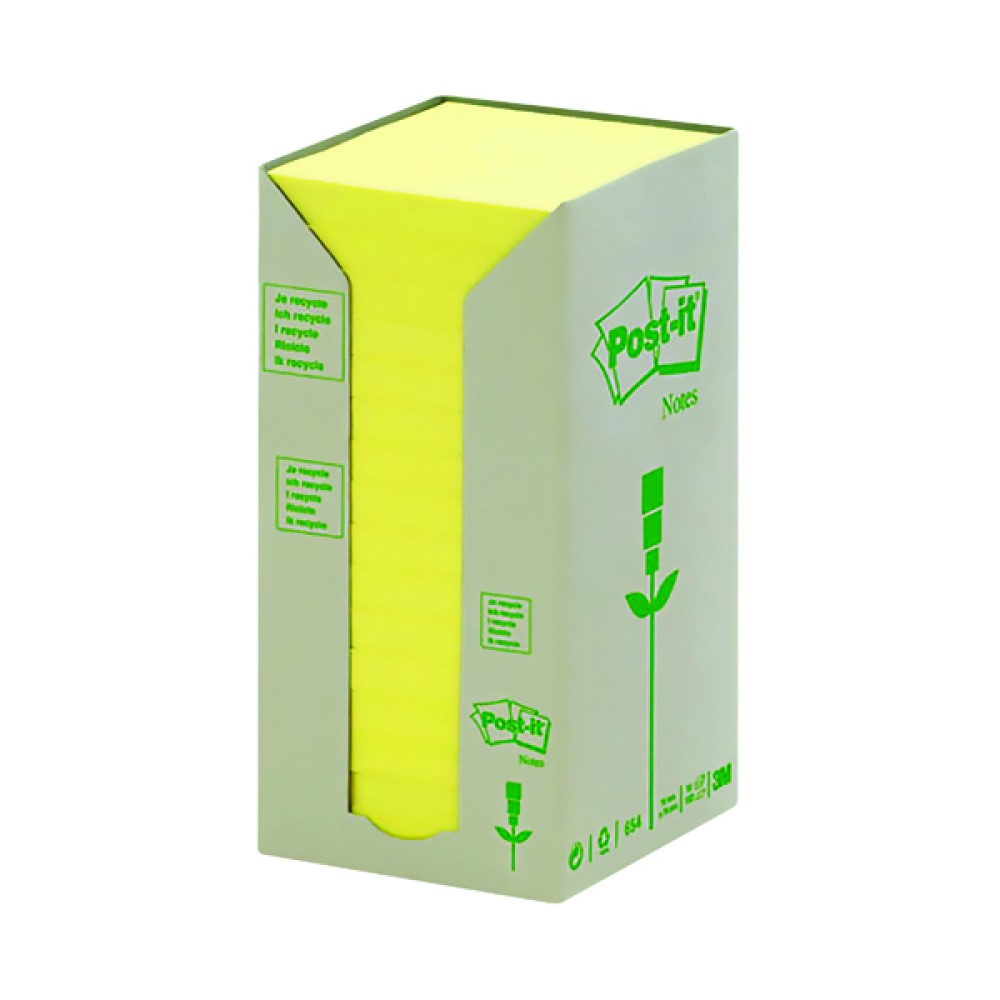 Post-it Notes Recycled Tower Pack 76 x 76mm Canary Yellow (16 Pack) 654-1T