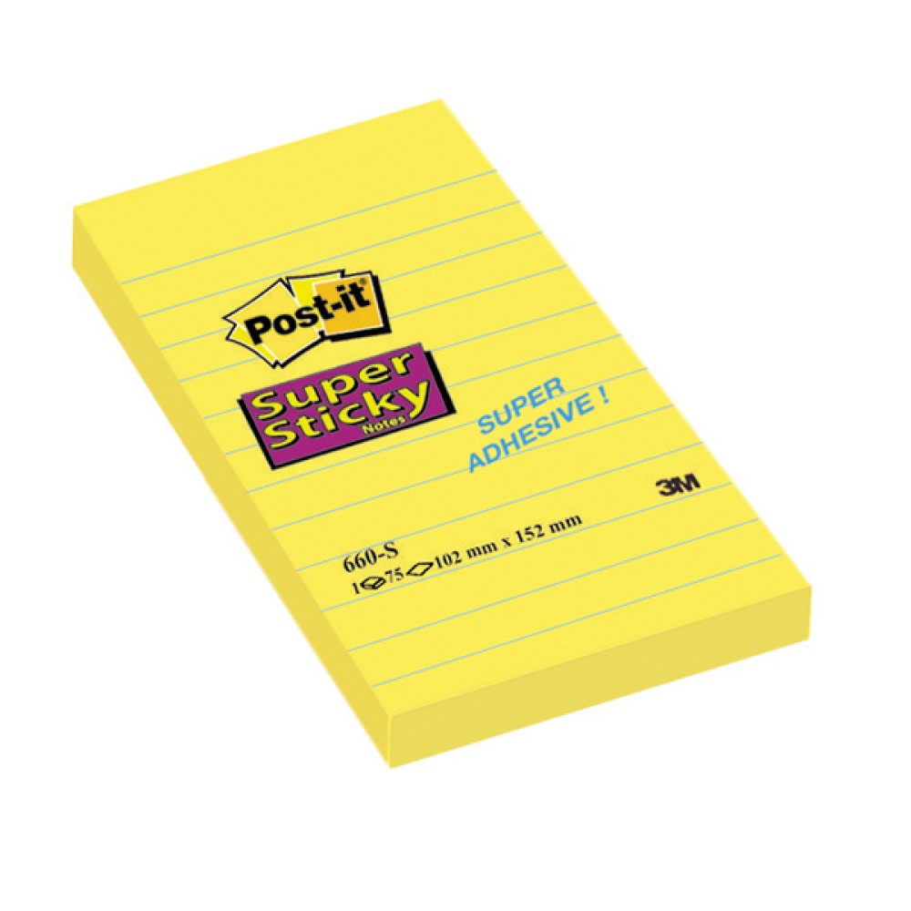 Post-it Notes Super Sticky 152 x 102mm Lined Ultra Yellow (6 Pack) 660S