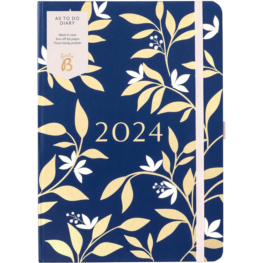 Busy B A5 To Do Diary January to December 2024 - Navy and Gold Floral