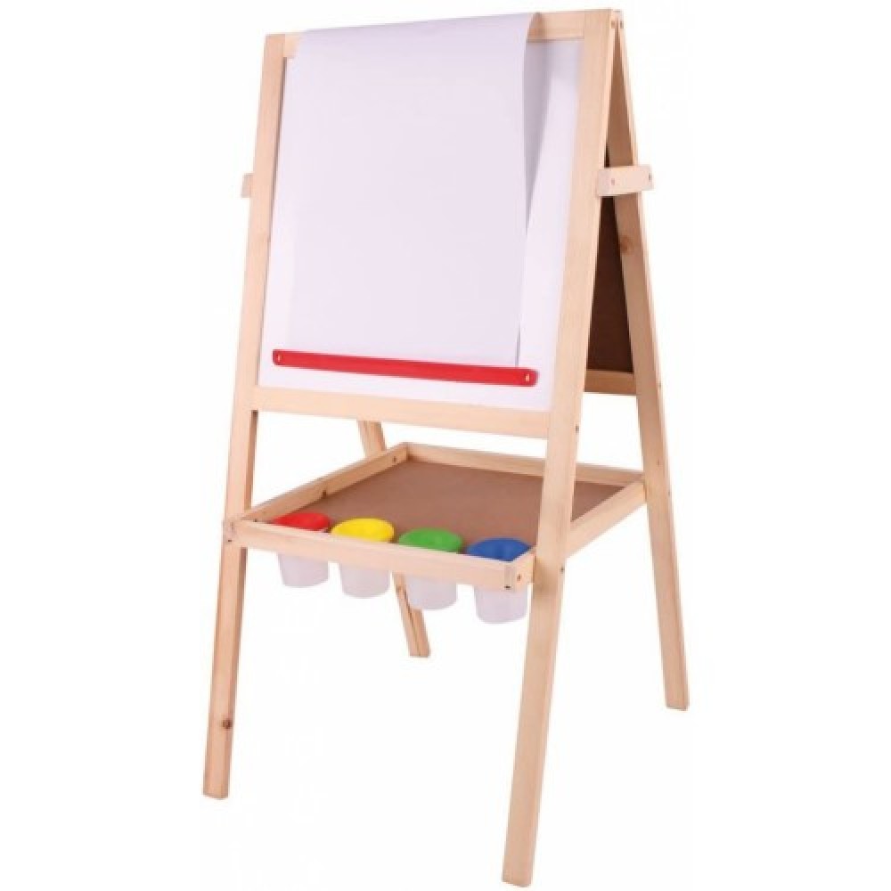 Bigjigs Toys Junior Art Easel with Chalks, Paint Pots, Paper Roll & Board Eraser