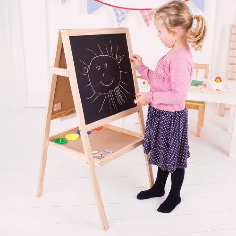 Bigjigs Toys Junior Art Easel with Chalks, Paint Pots, Paper Roll & Board Eraser