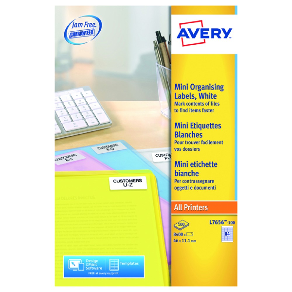 Avery Laser Mini Labels 46mmx11.1mm 84 Per Sheet White (8400 Pack) L7656-100