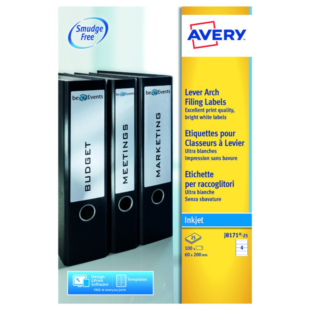 Avery Inkjet Lever Arch Filing Labels 200mmx60mm 4 Per Sheet White (100 Pack) J8171-25
