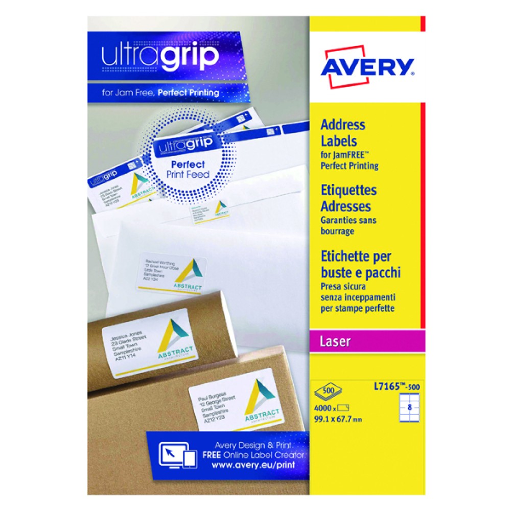 Avery Ultragrip Laser Parcel Labels 99.1x67.7mm 8 Per Sheet White (4000 Pack) L7165-500