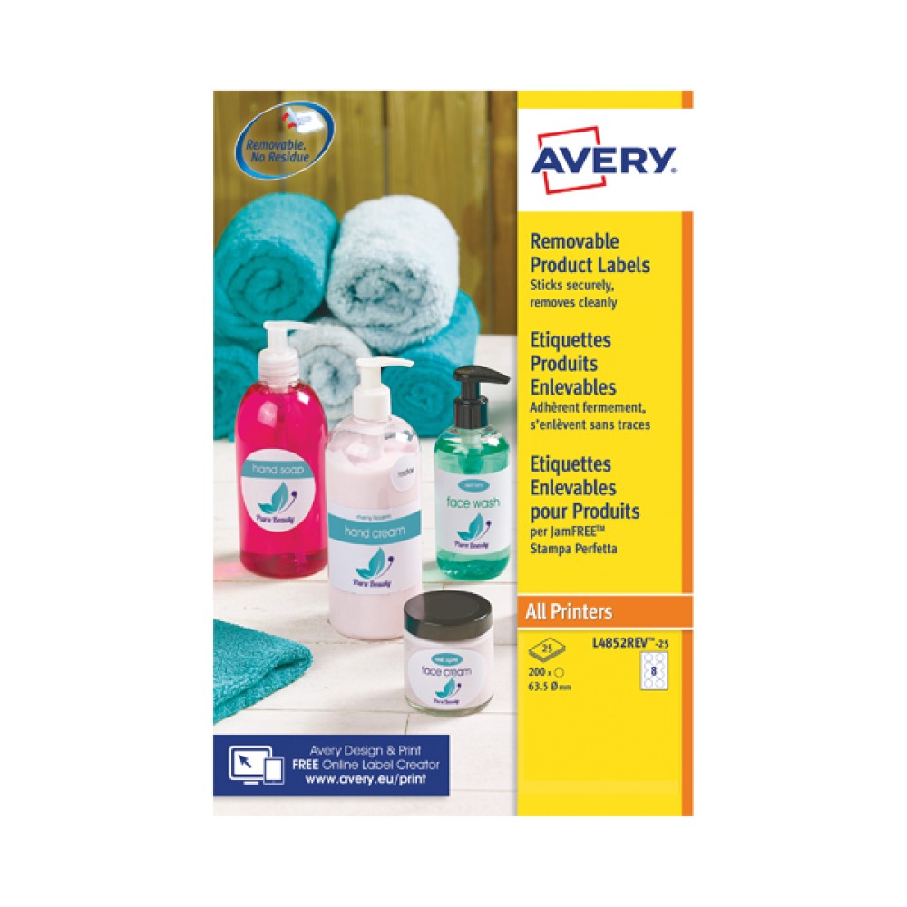 Avery Removable Labels Round 63.5mm 8 Per Sheet White (200 Pack) L4852REV-25
