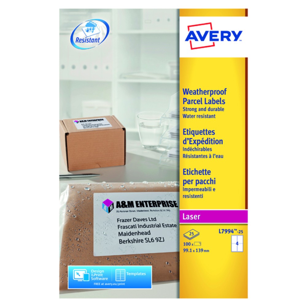 Avery Weatherproof Shipping Label 99.1x139mm 4 Per Sheet White (100 Pack) L7994-25