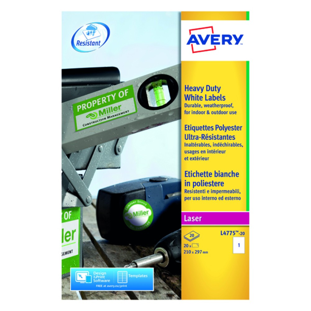 Avery Laser Label Heavy Duty 209mmx294mm 1 Per Sheet White (20 Pack) L4775-20