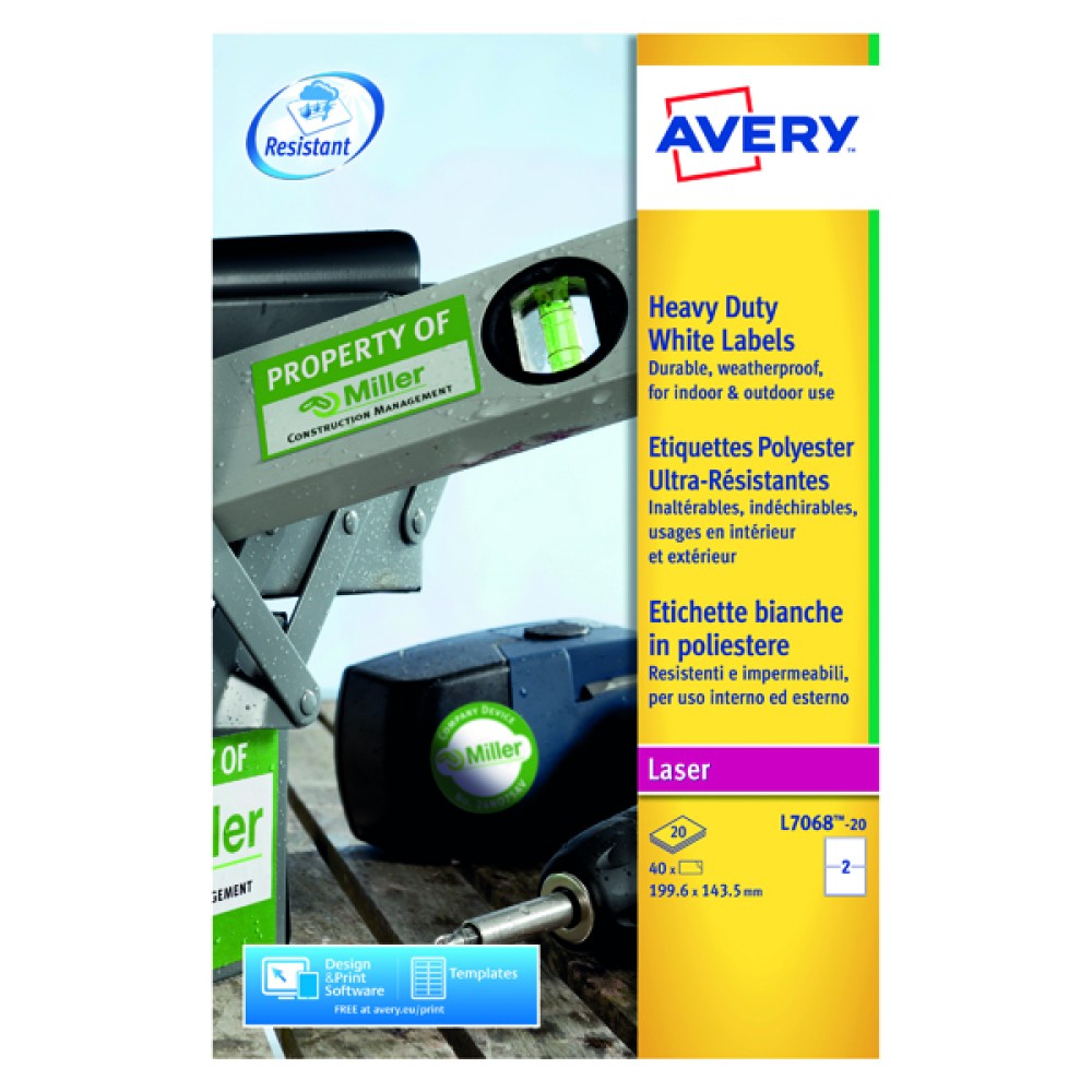 Avery Laser Label Heavy Duty 199x143mm 2 Per Sheet White (40 Pack) L7068-20