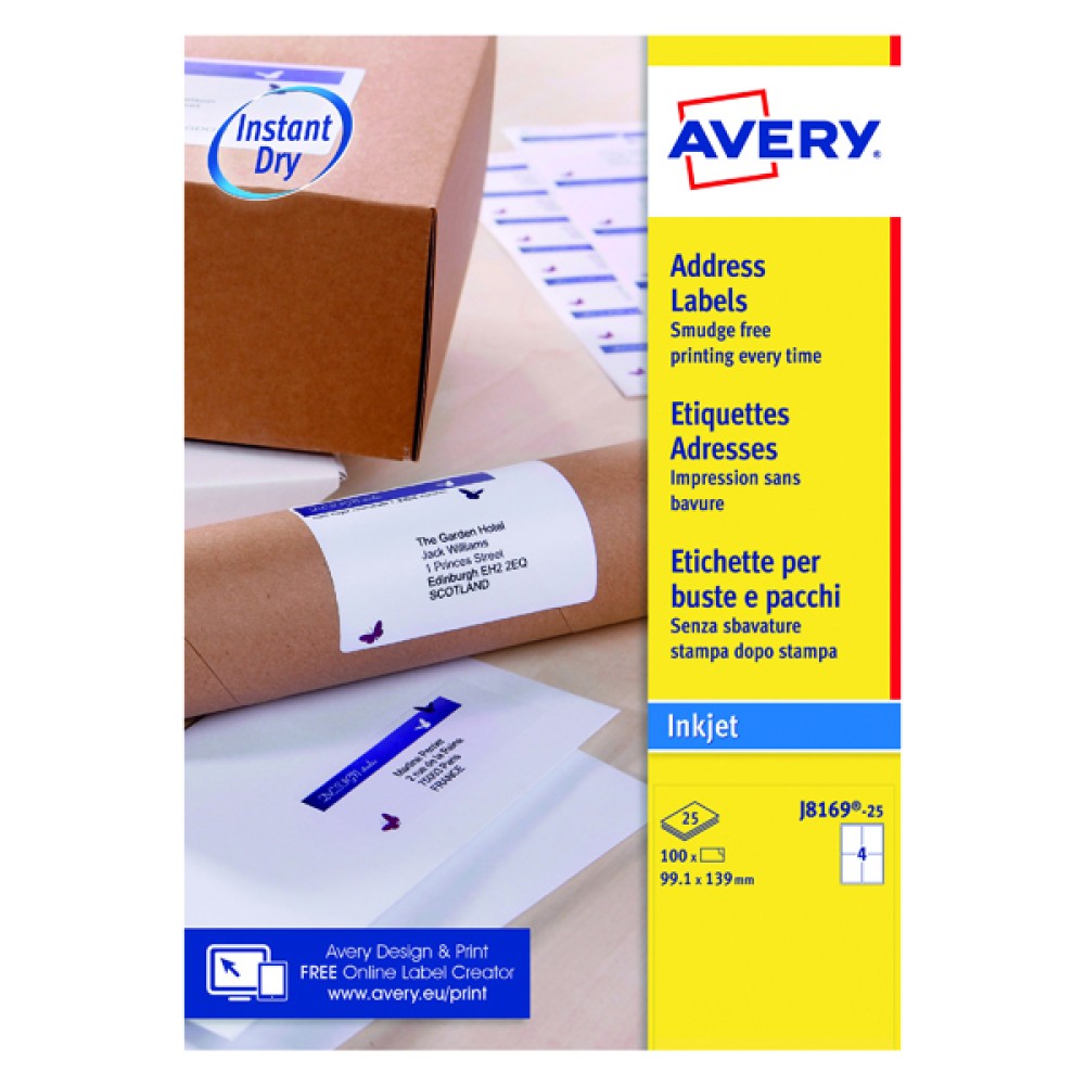 Avery Inkjet Parcel Labels QuickDRY 139 x 99.1mm 4 Per Sheet White (100 Pack) J8169-25