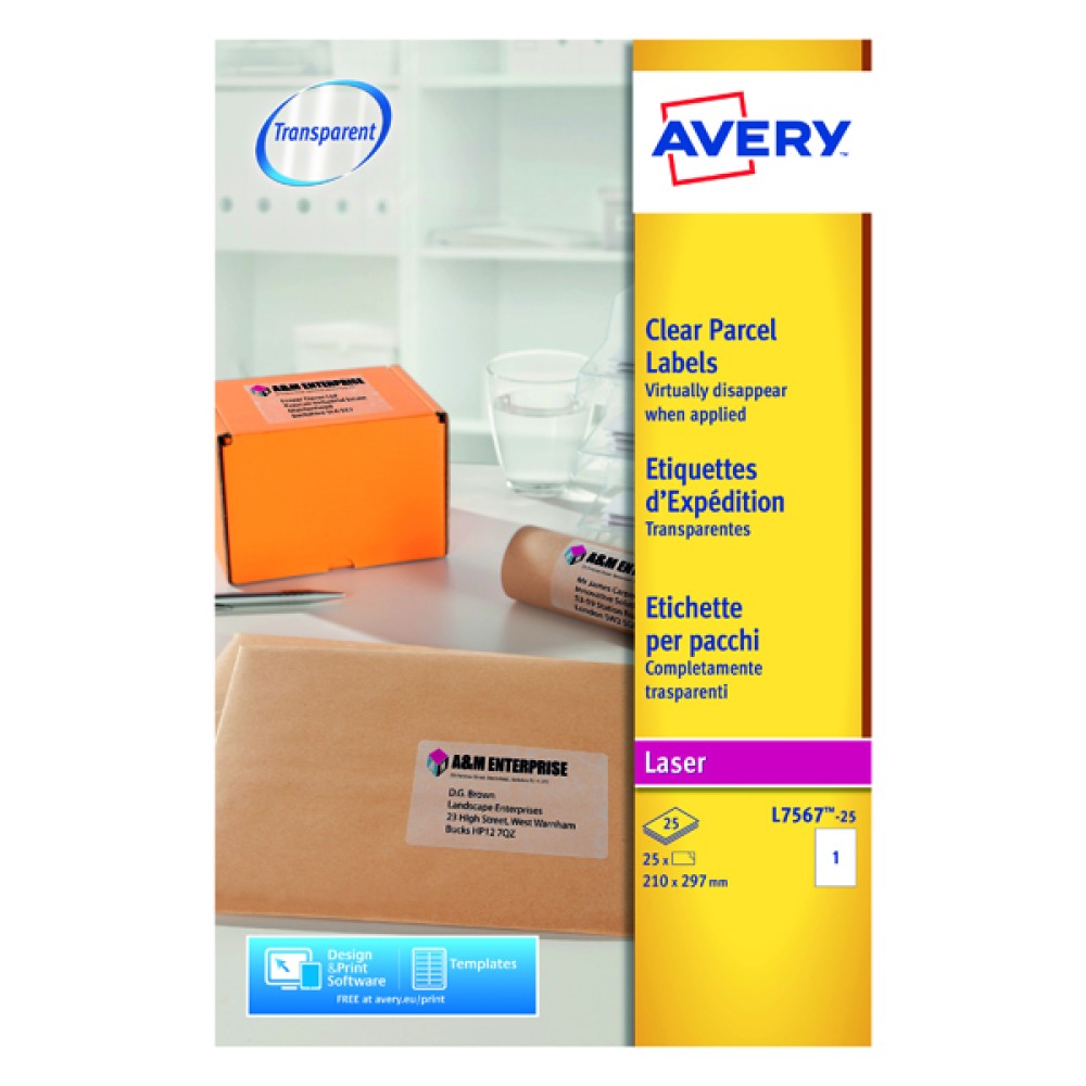 Avery Laser Parcel Label 210x297mm 1 Per Sheet Clear (25 Pack) L7567-25