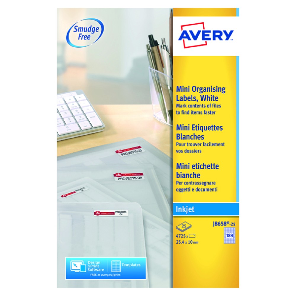 Avery Inkjet Mini Labels 25.4x10mm 189 Per Sheet White (4725 Pack) J8658-25