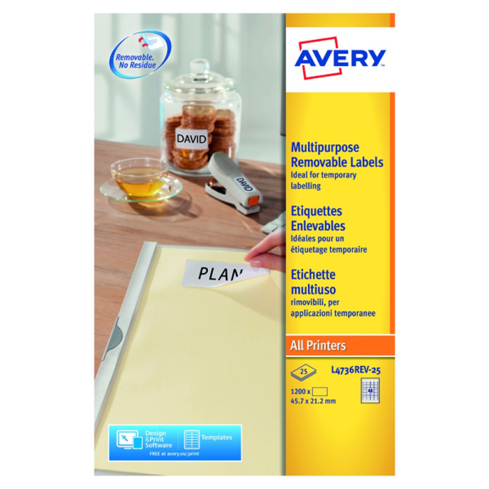 Avery Removable Labels 45.7x21.1mm 48 Per Sheet White (1200 Pack) L4736REV-25