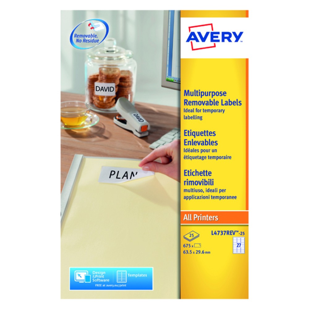 Avery Removable Labels 63.5x29.6mm 27 Per Sheet White (675 Pack) L4737REV-25