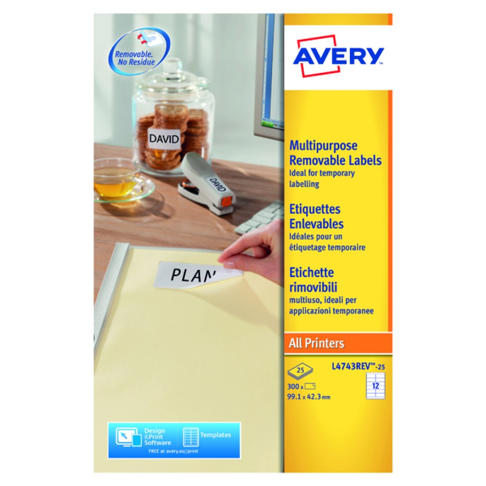 Avery Removable Labels 99.1x42.3mm 12 Per Sheet White (300 Pack) L4743REV-25