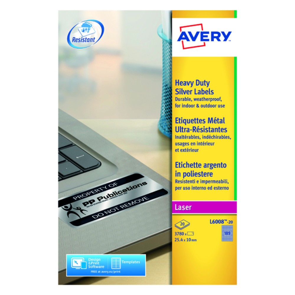 Avery Laser Label Heavy Duty 189x20mm 189 Per Sheet Silver (3780 Pack) L6008-20